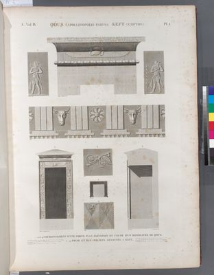 Qous [Qûs] (Apollinopolis Parva), Keft [Qift] (Coptos). 1-4. Couronnement d'une porte, plan, élévation et coupe d'un monolithe de Qous; 5-9. Frise et bas-reliefs dessinés à Keft.