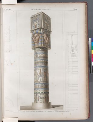 Denderah [Dandara] (Tentyris). 1. Détail colorié d'une colonne du portique; 2-7. Profil et plans de la colonne.