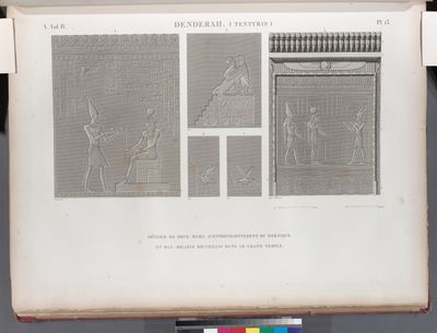 Denderah [Dandara] (Tentyris). Détails de deux murs d'entrecolonnement du portique et bas-reliefs recueillis dans le Grand Temple.