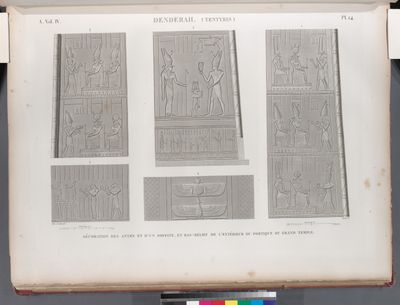Denderah [Dandara] (Tentyris). Décoration des antes et d'un soffite, et bas-relief de l'extérieur du portique du Grand Temple.