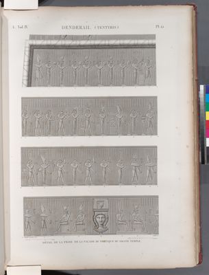Denderah [Dandara] (Tentyris). Détail de la frise de la façade du portique du Grand Temple.