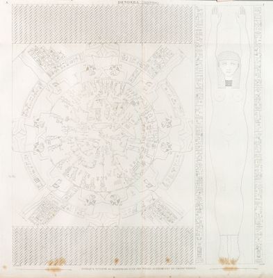 Denderah [Dandara] (Tentyris). Zodiaque sculpté au plafond de l'une des salles supérieures du Grand Temple. [Outline]