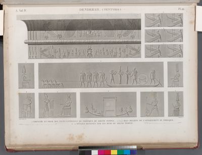 Denderah [Dandara] (Tentyris). 1. Corniche et frise des faces latérales du portique du Grand Temple; 2-5. Bas-reliefs de l'appartement du Zodiaque; 6-12. Détails dessinés sur les murs du Grand Temple.