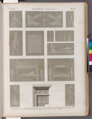 Denderah [Dandara] (Tentyris). 1-3.8-10. Bas-reliefs de l'appartement du Zodiaque; 4-7.11.13. Détails du Grand Temple et de la porte du nord; 12. Couronnement de la porte du portique du Grand Temple.