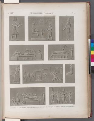 Denderah [Dandara] (Tentyris). Costumes et bas-reliefs sculptés dans l'appartement du Zodiaque et sur les murs du Grand Temple.