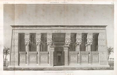 Denderah [Dandara] (Tentyris). Vue perspective de la façade du portique du Grand Temple.