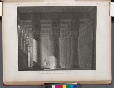 Denderah [Dandara] (Tentyris). Vue perspective de l'intérieur du portique du Grand Temple.
