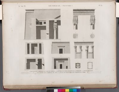 Denderah [Dandara] (Tentyris). 1. Coupe du 2-ème portique du Grand Temple; 2-4. Détails du petit édifice de la terrasse; 5-9. Plan, élévation et coupes de l'édifice du sud; 10.11. Plan et élévation de l'édifice du nord.
