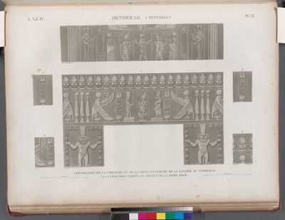 Denderah [Dandara] (Tentyris). 1.2. Décoration de la corniche et de la frise intérieure de la galerie du Typhonium; 3-6. Légendes variées et détails de la même frise.