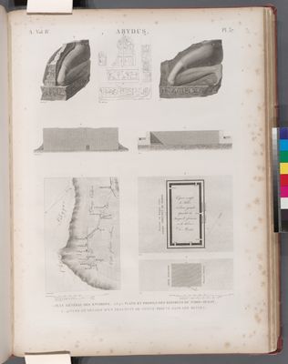 Abydus [Abydos]. 1. Plan général des environs; 2-5. Plans et profils des bâtimens du nord-ouest; 6-12. Vues et détails d'un frament de statue trouvé dans les ruines.