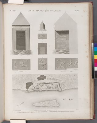 Antaeopolis (Qâou el-Kebyreh) [Qau el-Kebir]. 1. Plan général du temple et des environs; 2-6. Monolithe; 7-9. Bas-reliefs du temple.