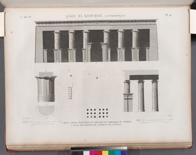 Qâou el-Kebyreh [Qau el-Kebir] (Antaeopolis). 1-5. Plan, coupe, élévation et détails du portique du temple; 6. Plan des restes de l'édifice de l'ouest.