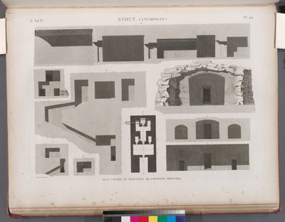 Syout [Asyût] (Lycopolis). Plan, coupes et élévation de l'hypogée principal.