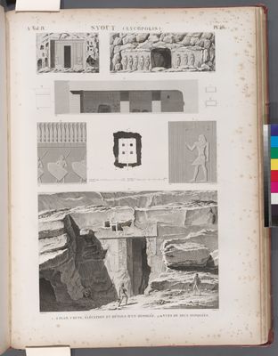 Syout [Asyût] (Lycopolis). 1-8. Plan, coupe, élévation et détails d'un hypogée; 9.10. Vues de deux hypogées.