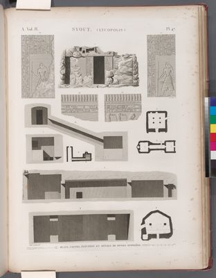 Syout [Asyût] (Lycopolis). Plans, coupes, élévation et détails de divers hypogées.