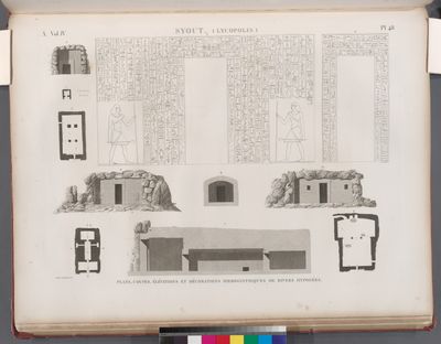 Syout [Asyût] (Lycopolis). Plans, coupes, élévations et décorations hiéroglyphiques de divers hypogées.