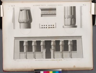 Achmouneyn (Hermopolis Magna). Plan, élévation et détails du portique du temple.