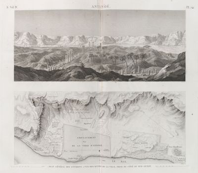 Antinoë [Antinoöpolis]. 1. Plan général des environs; 2. Vue des ruines de la ville, prise du côté du sud-ouest.