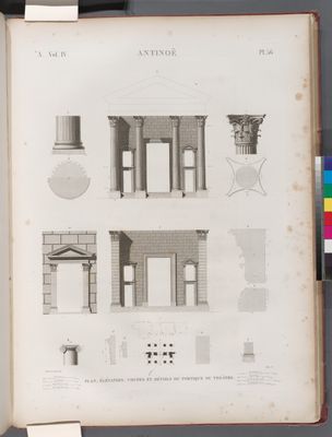 Antinoë [Antinoöpolis]. Plan, élévation, coupes et détails du portique du Théatre.