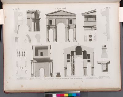 Antinoë [Antinoöpolis]. Plan, élévation, coupes et détails de l'arc de triumphe.