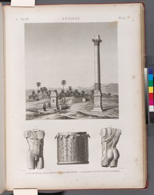Antinoë [Antinoöpolis]. 1.2. Vue et détails de la colonne d'Alexandre Sévère; 3.4. Fragment d'une statue d'Antinoüs.