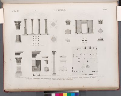 Antinoë [Antinoöpolis]. 1-20. Plans, élévations et détails de divers portiques; 21-24. Plan et détail d'un bâtiment de bains; 25-28. Colonnade de la rue principale.
