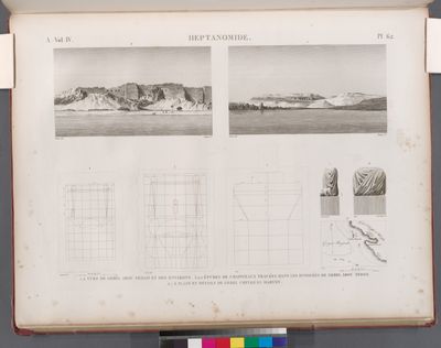 Heptanomide. 1.2. Vues de Gebel Abou Fedah et des environs; 3-5. Épures de chapiteaux tracées dans les hypogées de Gebel Abou Fedah; 6-8. Plans et détails de Gebel Cheykh el Harydy.