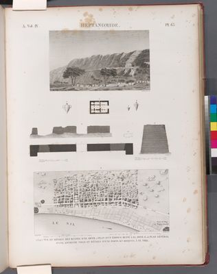 Heptanomide. 1.3-5. Vue et détails des ruines d'el-Deyr; 2. Plan d'un édifice ruiné à el-Deyr; 6-10. Plan général d'une ancienne ville et détails d'une porte en briques, à el-Tell [Tell el-Amarna].