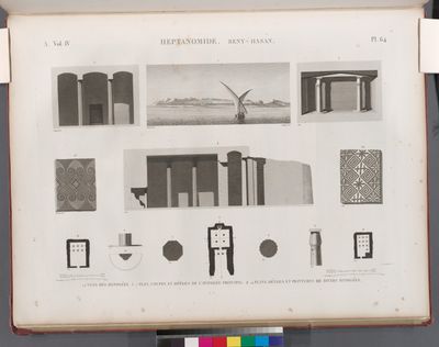 Heptanomide. Beny Hasan [Beni Hasan]. 1.2. Vues de hypogées; 3-7. Plan, coupes et détails de l'hypogée principal; 8-14. Plans, détails et peintures de divers hypogées.