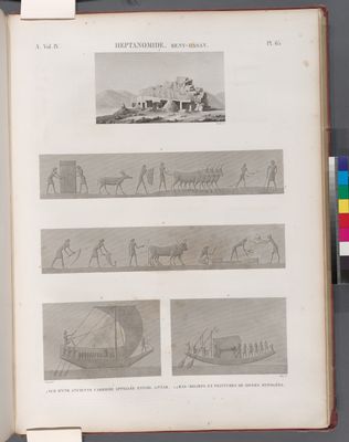 Heptanomide. Beny Hasan [Beni Hasan]. 1. Vue d'une ancienne carriere appellée Establ Antar; 2-4. Bas-reliefs et peintures de divers hypogées.