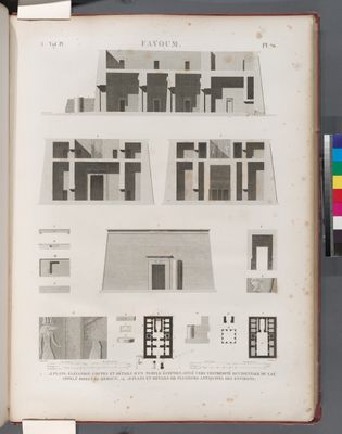 Fayoum [Fayyûm]. 1-13. Plans, élévation, coupes et détails d'un temple égyptien, situé vers l'extrémité occidentale du lac appelé Birket el-Qeroun [Birket Qarun, or Lake Moeris]; 14-18. Plans et détails de plusieurs antiquités des environs.