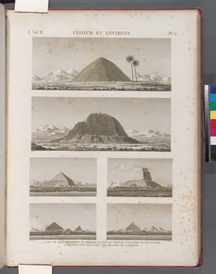 Fayoum [Fayyûm] et environs. 1.2. Vues de deux pyramides en briques à l'est du Fayoum; 3. Pyramide de Meydouneh; 4. Pyramides d'el-Metanyeh; 5.6. Pyramides de Saqqarah.