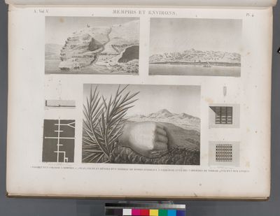 Memphis et environs. 1. Poignet d'un colosse à Memphis; 2-7. Plan, coupe et détails d'un tombeau de momies d'oiseaux à Saqqârah; 8. Vue des carrières de Torrah [Tura]; 9. Vue d'un mur antique.