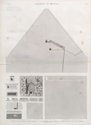 Pyramides de Memphis. 1-4. Plans, coupe et entrée de la Grande Pyramide; 5-10. Plan, élévation, coupe et détails d'un tombeau principal et de son sarcophage; 11-15. Détails des environs.