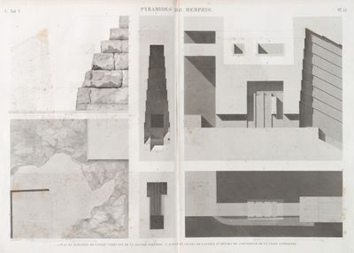 Pyramides de Memphis. 1.2. Plan et élévation de l'angle nord-est de la Grande Pyramide; 3-8. Plan et coupes de l'entrée, et détails du sarcophage de la salle supérieure.