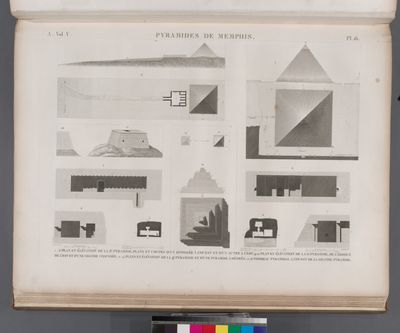 Pyramides de Memphis. 1-8. Plan et élévation de la 2-e pyramide, plans et coupes d'un hypogée à l'ouest et d'un autre à l'est; 9.10. Plan et élévation de la 3-e pyramide, de l'édifice de l'est et d'une grande chaussée; 11-14. Plans et élévation de la 4-e pyramide et d'une pyramide à dégrés; 15.16. Tombeau pyramidal à l'ouest de la Grande Pyramide.