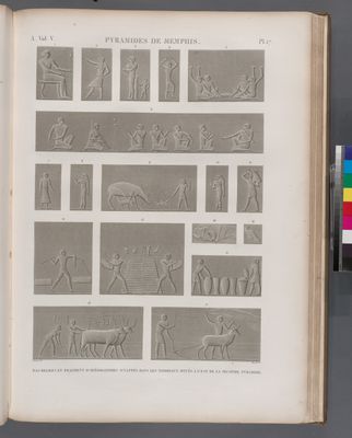 Pyramides de Memphis. Bas-reliefs et fragment d'hiérogliphique sculptés dans les tombeaux situés à l'est de la seconde pyramide.