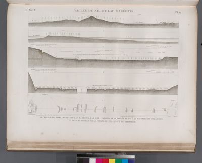 Vallée du Nil et Lac Maréotis [Maryût]. 1.2. Profils de nivellement du Lac Maréotis à la mer; 3. Profil de la Vallée du Nil à la hauteur des pyramides; 4.5. Plan et profils de la Vallée du Nil à Syout [Asyût] or Lycopolis.