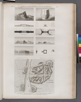 Environs d'Héliopolis et d'Athribis [Tell Atrib]. 1.2.15. Fragmens trouvé à Qelyoub; 3-9. Plan, vue et détails d' Athribis; 10-14. Ponts, construits sur des fondations romaines.