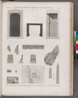 Isthme de Soueys [Isthmus of Suez], Bubaste [Bubastis], Tanis, Thmuis. 1-4. Fragmens Persépolitains; 5. Mouqfâr; 6-8. Groupe d'Aboukeycheyd; 9. Antiquités de Bubaste; 10. de Tanis; 16-19. Monolithe de Thmuis.