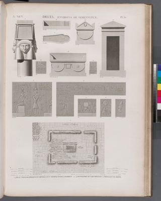 Delta, environs de Sebennytus. 1-9. Plan topographique et détails d'un temple d'Isis, à Bahbeyt [Bahbit al-Hijarah]; 10-14. Monolithe et sarcophages à Mehallet el-Kebyr [Mahallah al-Kubrá].
