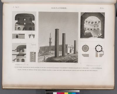 Alexandrie [Alexandria]. 1. Vue de trois colonnes en granit, situées au sud de l'ancienne basilique vulgairement nommée Mosquée de St. Athanase; 2-9. Vue intérieure, plans, coupes et détails d'une tour antique, placée au nord des deux obélisques, et connue sous le nom de tour des Romains.