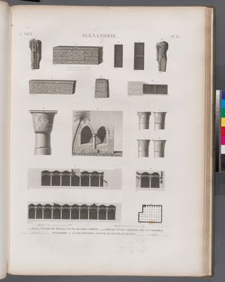 Alexandrie [Alexandria]. 1-8. Plan, coupes et détails d'une grande citerne; 9.10. Détails d'une colonne avec un chapiteau en marbre; 11-18. Sarcophages, statue et socle en granit.