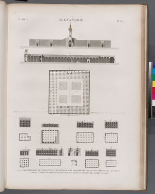 Alexandrie [Alexandria]. 1-3. Plan, élévation et coupe d'une ancienne église dite Mosquée des Mille Colonnes ou de Septante; 4-23. Plans, coupes et détails de huit des principales citernes de l'ancienne ville.