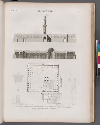 Alexandrie [Alexandria]. Plan, élévation, coupe et détails d'une ancienne basilique, vulgairement nommée Mosquée de St. Athanase.