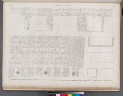 Alexandrie [Alexandria]. 1-6. Coupes et détails des sculptures d'un sarcophage en brèche égyptienne, trouvé dans l'édifice appelée Mosque de St. Athanase; 5. Face extérieure; 6. Face intérieure.