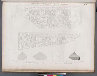 Papyrus, hiéroglyphes, inscriptions et médailles. Plan, coupes et détails hiéroglyphiques d'un monolithe égyptien, trouvé à Damiette [Damietta].