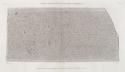 Papyrus, hiéroglyphes, inscriptions et médailles. Pierre trouvée à Rosette, (partie intermédiaire, en langue égyptienne vulgaire).