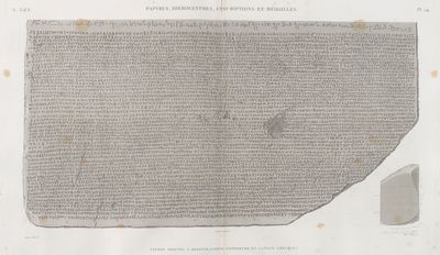 Papyrus, hiéroglyphes, inscriptions et médailles. Pierre trouvée à Rosette, (partie inférieure, en langue greque).