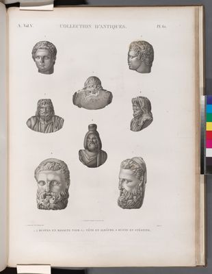 Collection d'antiques. 1-5. Bustes en basalte noir; 6.7. Tête en albâtre; 8. Buste en stéatite.